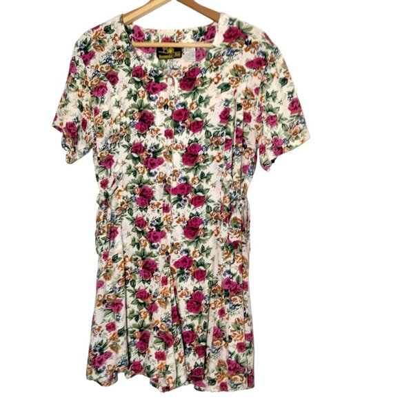 Vintage 1990s Bermuda Run Romper M White Pink Floral Rayon Shorts Tie Pleated - Picture 1 of 16